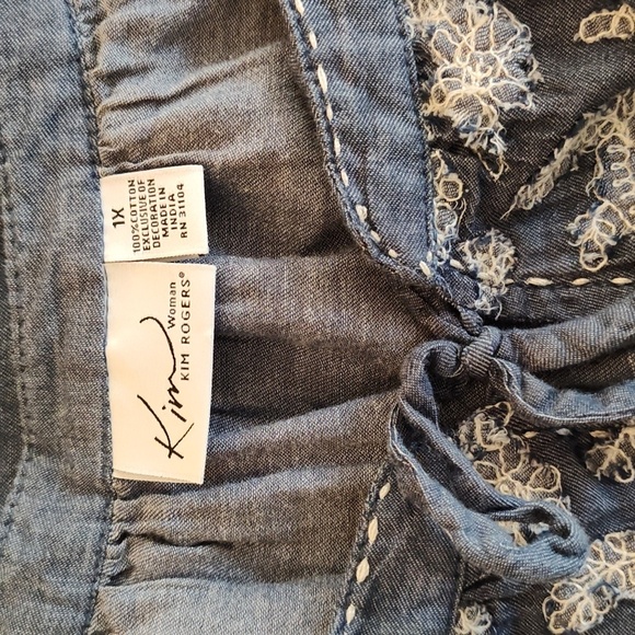 Kim Rogers Peasant Neckline 3/4 Sleeve Embroidered Appliqued Poet Blouse Blue 1X - Picture 4 of 11